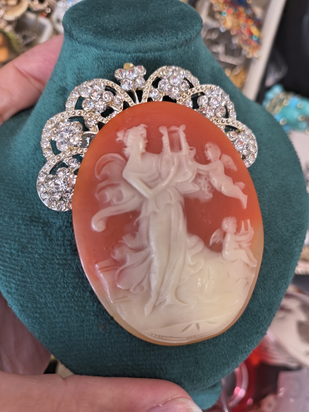 Vintage Carved Resin Cameo Brooch with Rhinestone